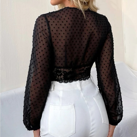 Boho black Swiss dot lace button detail crop top - Picture 3 of 5